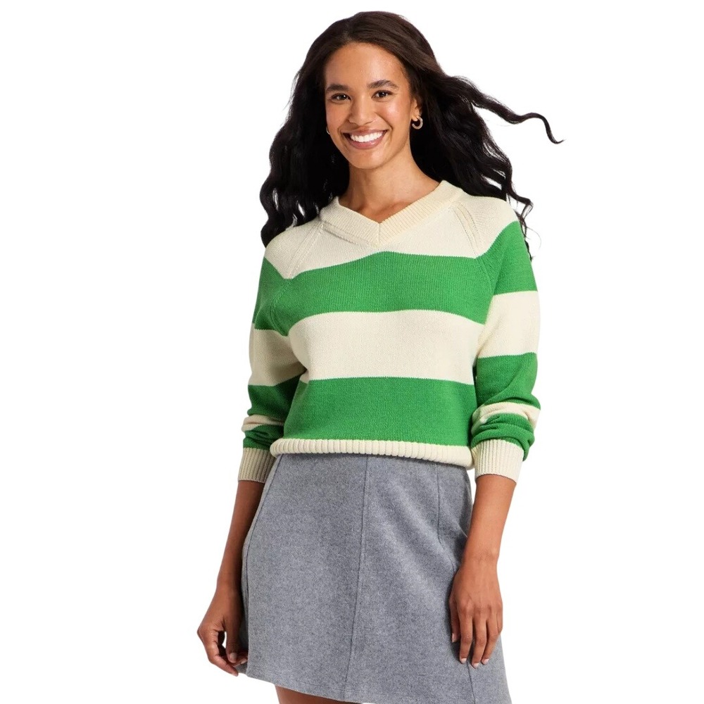 A New Day Women's Green Striped High V Neck Long Sleeve Sweater Size XL